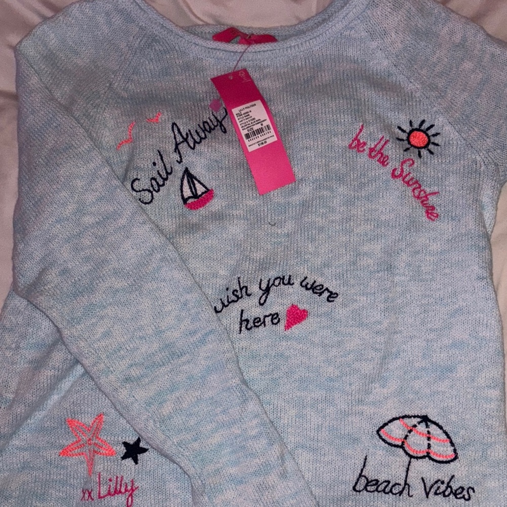 Lilly Pulitzer Light Blue Sweater with Pink and Navy Embroidery